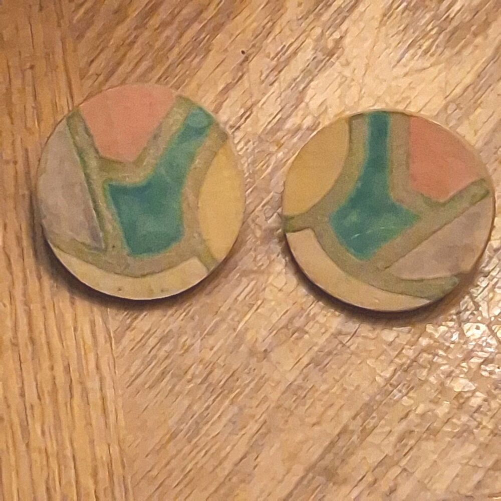 Vintage 80's Spatter Paint Wood Button Earrings Teal Peach Silver Stud Pierced